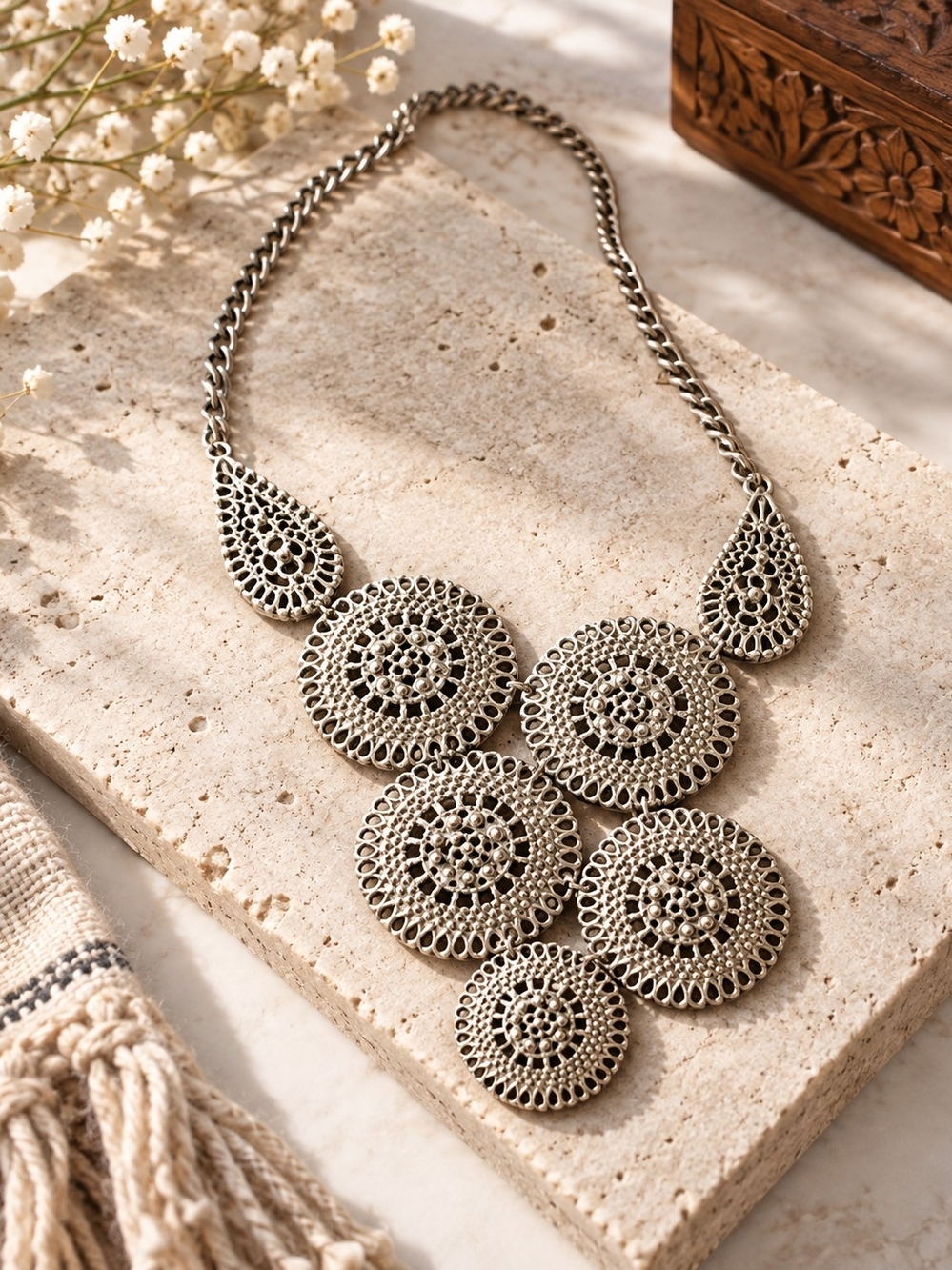 Bohemian Filigree Statement Necklace - Silver